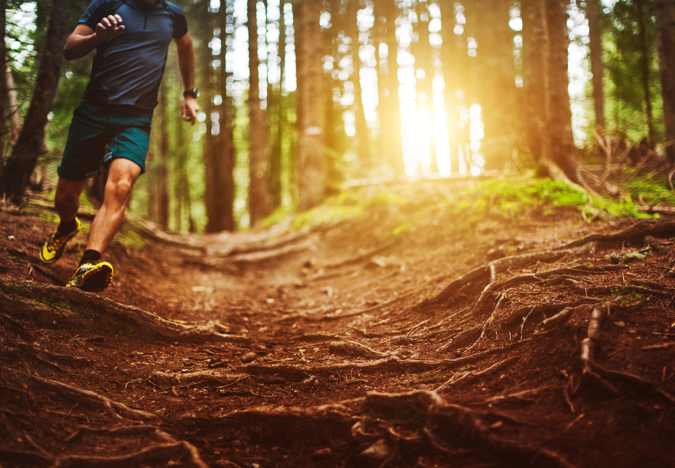 Man trail running in the forest